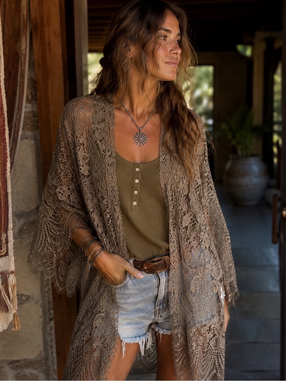 Miami Crochet Lace Kimono Cardigan in Olive 🫒